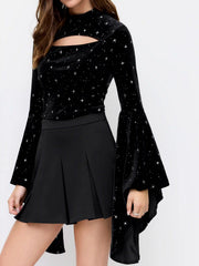 Velvet Star Pattern Bell Sleeve Crop Top