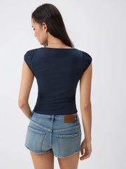 Cotton-blend Boat Neck Puff Sleeve Crop Tee