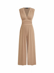 V-neck Lace Trim Ruched Wide Leg Jumpsuit