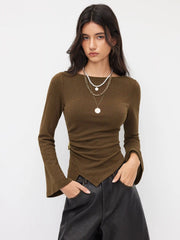 Cotton-blend Boat Neck Metal Detail Ruched Asymmetrical Hem Top