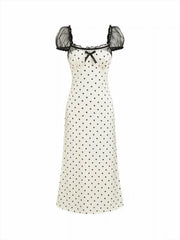 Satin Polka Dot Square Neck Puff Sleeve Bowknot A-line Maxi Dress
