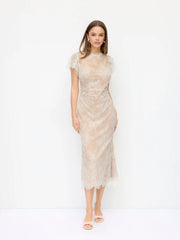 Lace Mandarin Neck Mermaid Midi Dress