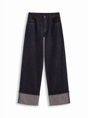 Cider Stretch Denim Mid Rise Plaid Roll Hem Straight Leg Jeans