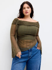 Off-shoulder Lace Drawstring Asymmetrical Hem Top Curve & Plus