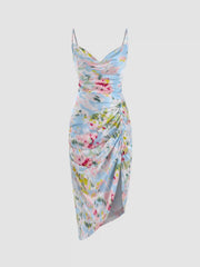 Illusion Floral Ruched Cowl Neck Midi Dress