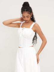 Square Neck Ruched Tie Front Crop Tank Top
