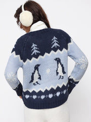 Knit Penguin & Heart Pattern Zip Through Oversized Cardigan