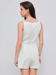 Linen Cotton Boat Neckline Solid Button Romper