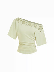 Asymmetrical Neck Embroidery Ruched Tee