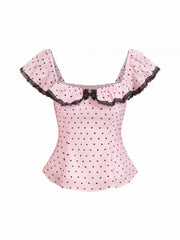 Heart Square Neck Lace Trim Bowknot Shirred Blouse