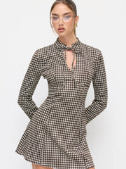 Plaid Stand Collar Long Sleeve Knotted Cut Out A-line Mini Dress