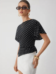 Polka Dot Boat Neck Batwing Sleeve Ruched Asymmetrical Tee