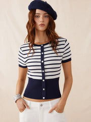 Knit Striped High Stretch Short Sleeve Cardigan With Pearl Buttons