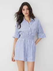 Cotton-Blend Striped Collar Shirred Waist Romper