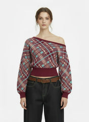 Knit Plaid Asymmetrical Neck Long Sleeve Sweater