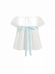 Cotton Square Neck Puff Sleeve Bowknot Top & Shorts Set