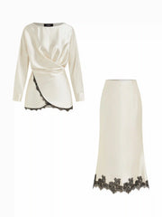 Satin Draped Lace Trim Top & Mid Rise Mermaid Maxi Skirt Set