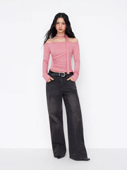Gingham Off-shoulder Long Sleeve Ruched Asymmetrical Hem Top With Scarf