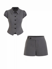 Puff Sleeve Collar Cropped Top & Low Rise Straight Leg Shorts Set