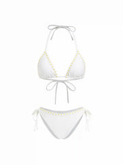 Halter Neck Floral Contrasting Binding Triangle Top & Mid Rise Bottom Bikini Set