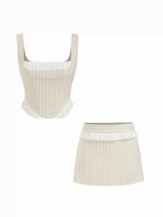Linen-blend Stripe Square Neck Ruffled Top & Low Rise Mini Skirt Set