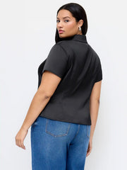 Satin Collar Short Sleeve Shirt Curve & Plus