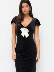 Velvet V-neck Polka Dot Bowknot Rhinestone Mermaid Maxi Dress