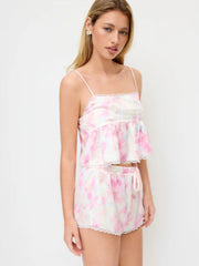 Floral Square Neck Lace Trim Cami Top & Mid Rise Drawstring Shorts Loungewear Set