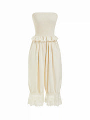 Chiffon Strapless Smocked Waist Lace Trim Bloomer Capri Jumpsuit
