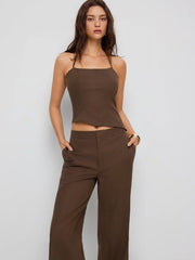 Linen-blend Halter Neckline Asymmetrical Top & Low Rise Straight Leg Trousers Set