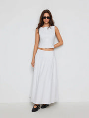 Linen-blend Button Detail Top & Mid Rise Shirred Flared Maxi Skirt Set