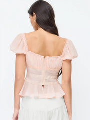 Chiffon Sweetheart Puff Sleeve Lace Panel Ruched Peplum Blouse