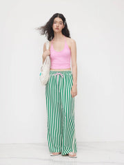 Mid Rise Knottd Stripe Elastic Waist Wide Leg Trousers