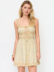 Cotton-blend Square Neck Ditsy Floral Lettuce Trim Knotted Mini Dress