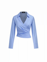 Cotton-blend Collar V-neck Wrap Ruched Cinched Waist Shirt