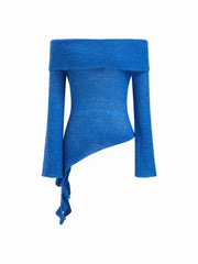 Knit Wool-blend Off-shoulder Long Sleeve Ruffle Trim Asymmetrical Hem Top