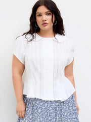 Cotton-blend Peter Pan Collar Broderie Anglaise Pleated Blouse Curve & Plus