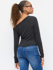 Asymmetrical Neck Long Sleeve Button Tee
