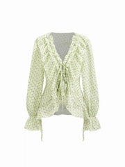 Chiffon V-neck Geometric Lettuce Trim Ruffle Bell Sleeve Blouse