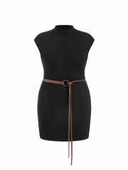 Knit Stand Collar Straight Mini Dress With Belt Curve & Plus