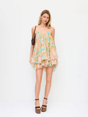 Chiffon Abstract Graphic V-neck Ruffled Tie Back A-line Mini Dress