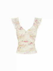 Chiffon Floral V-Neck Ruffle Sleeve Blouse