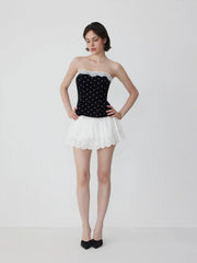 Cotton-blend Polka Dot Lace Trim Bandeau Top