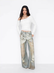 Asymmetrical Neck Long Sleeve Lace Ruched Top