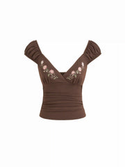 Cotton-blend V-Neck Floral Embroidery Ruched Puff Sleeve Top