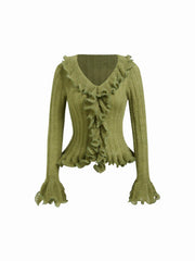 Wool-blend Knit V-Neck Lettuce Trim Ruffle Sleeve Cardigan