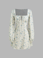 Corduroy Square Neck Floral Knotted Mini Dress
