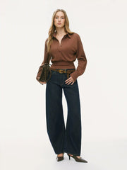 Collar Button Cinched Waist Long Sleeve Top