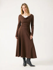 Cotton-blend Cowl Neck Colorblock Ruched Flared Maxi Dress