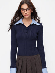 Cable Knit Collar Long Sleeve Stripe Top